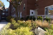 Exterior view of a brick building with windows and a white door, surrounded by a garden with various green shrubs and plants under a clear sky.