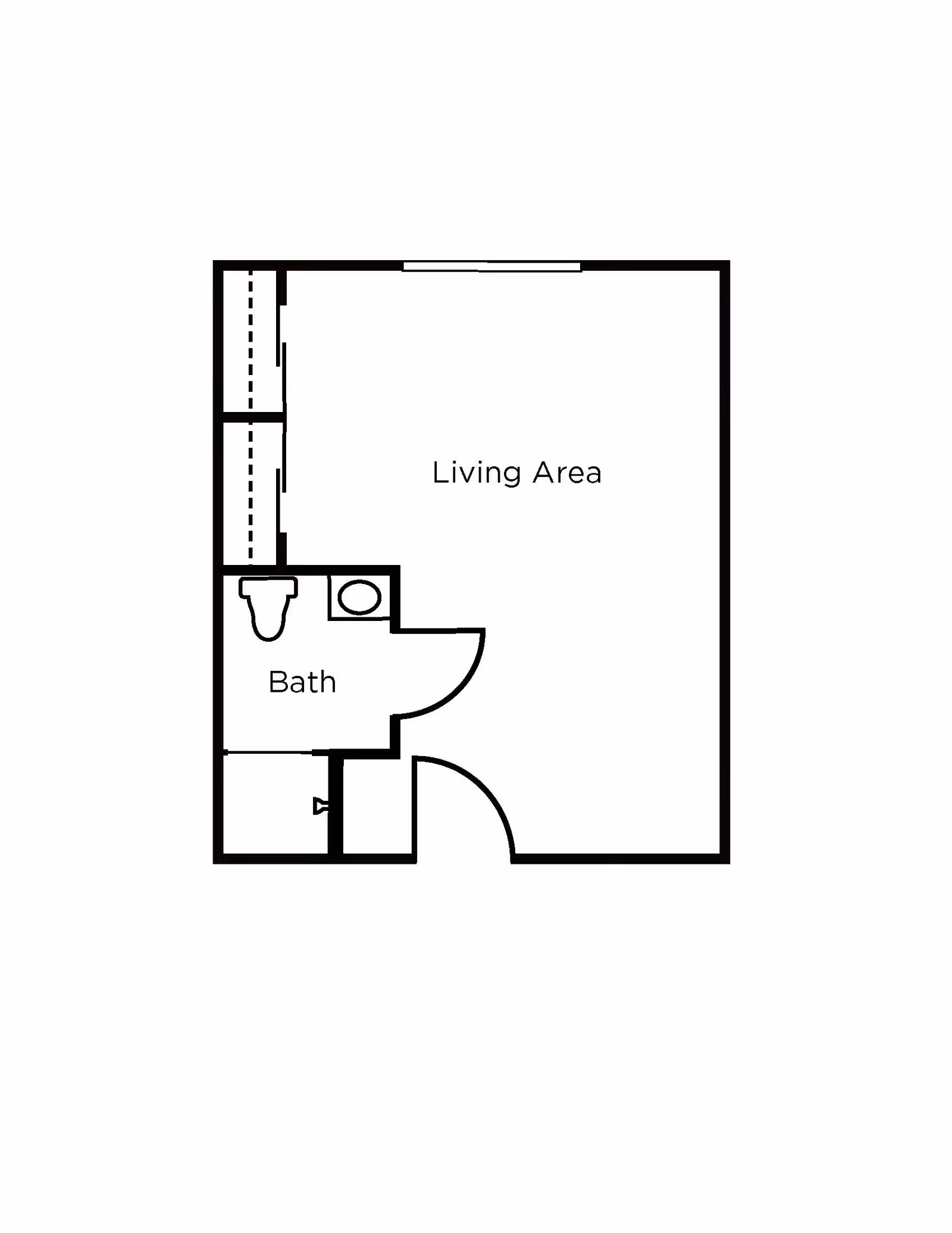 Floor plan showing a living area with an attached bathroom. The bathroom includes a toilet and a sink. There is a door leading into the living area and closet/storage spaces adjacent to the bathroom.