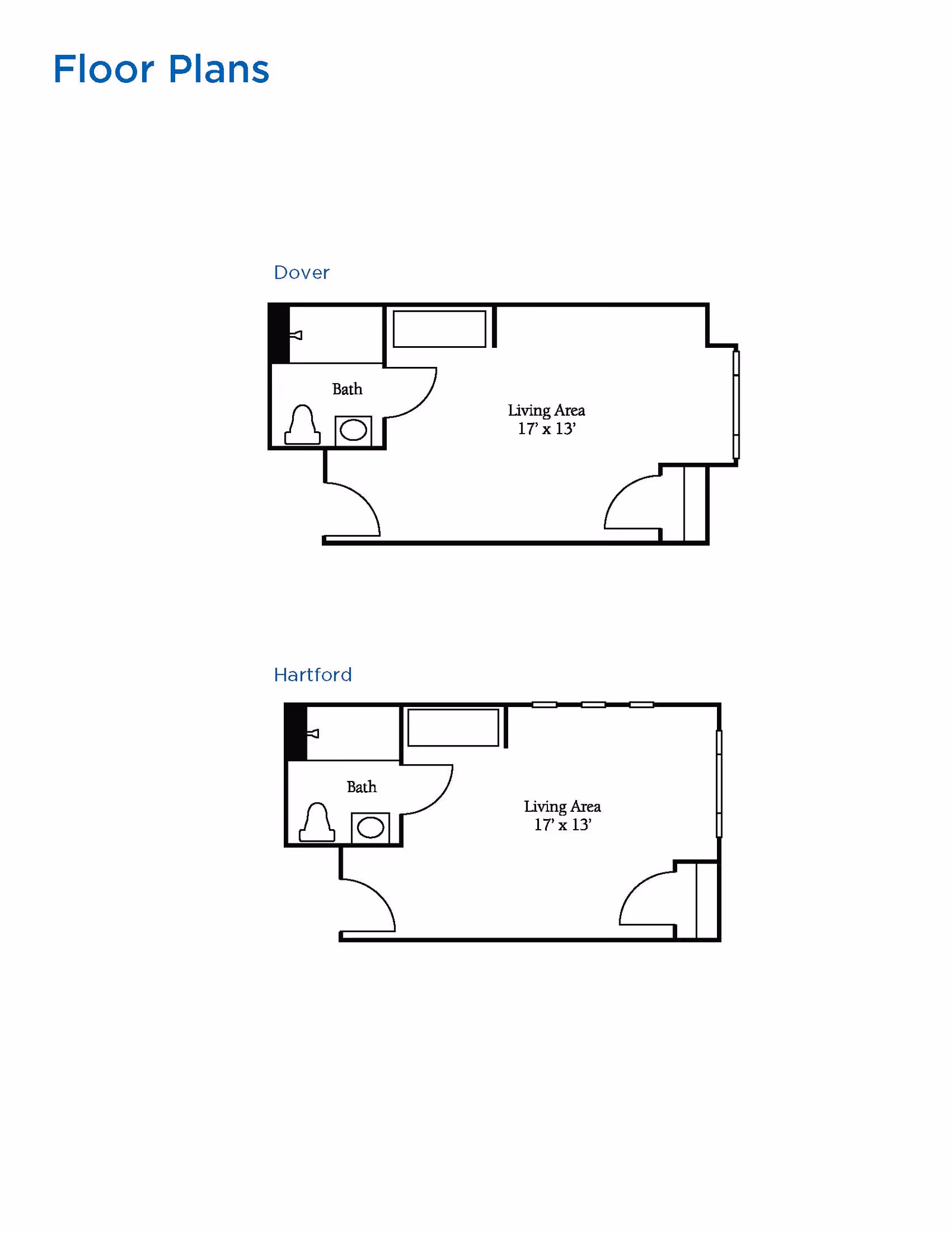 Two black and white floor plans labeled Dover and Hartford, each showing a living area measuring 17 feet by 13 feet and a bathroom with a toilet and sink.