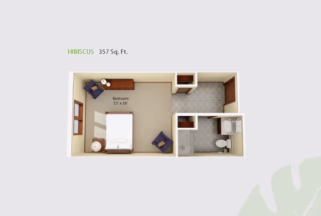 3D floor plan of a senior living studio apartment named Hibiscus with 357 square feet. The layout includes a bedroom area measuring 13 by 16 feet with a bed, two chairs, a dresser, and a nightstand. Adjacent to the bedroom is a small entryway leading to a bathroom with a toilet, sink, and shower.
