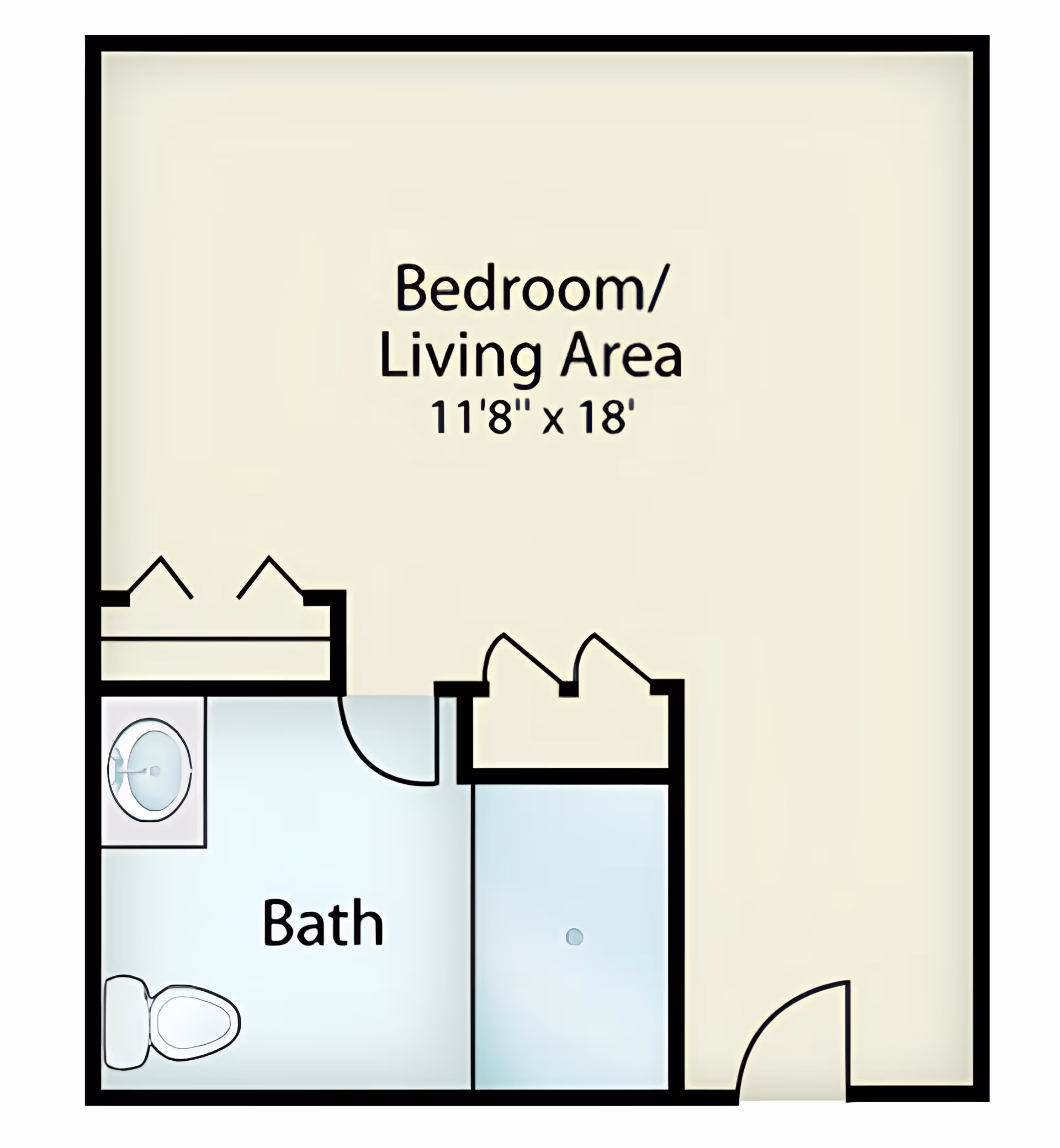 Floor plan of a senior living unit showing a combined bedroom and living area measuring 11 feet 8 inches by 18 feet, with an adjacent bathroom that includes a toilet, sink, and shower.
