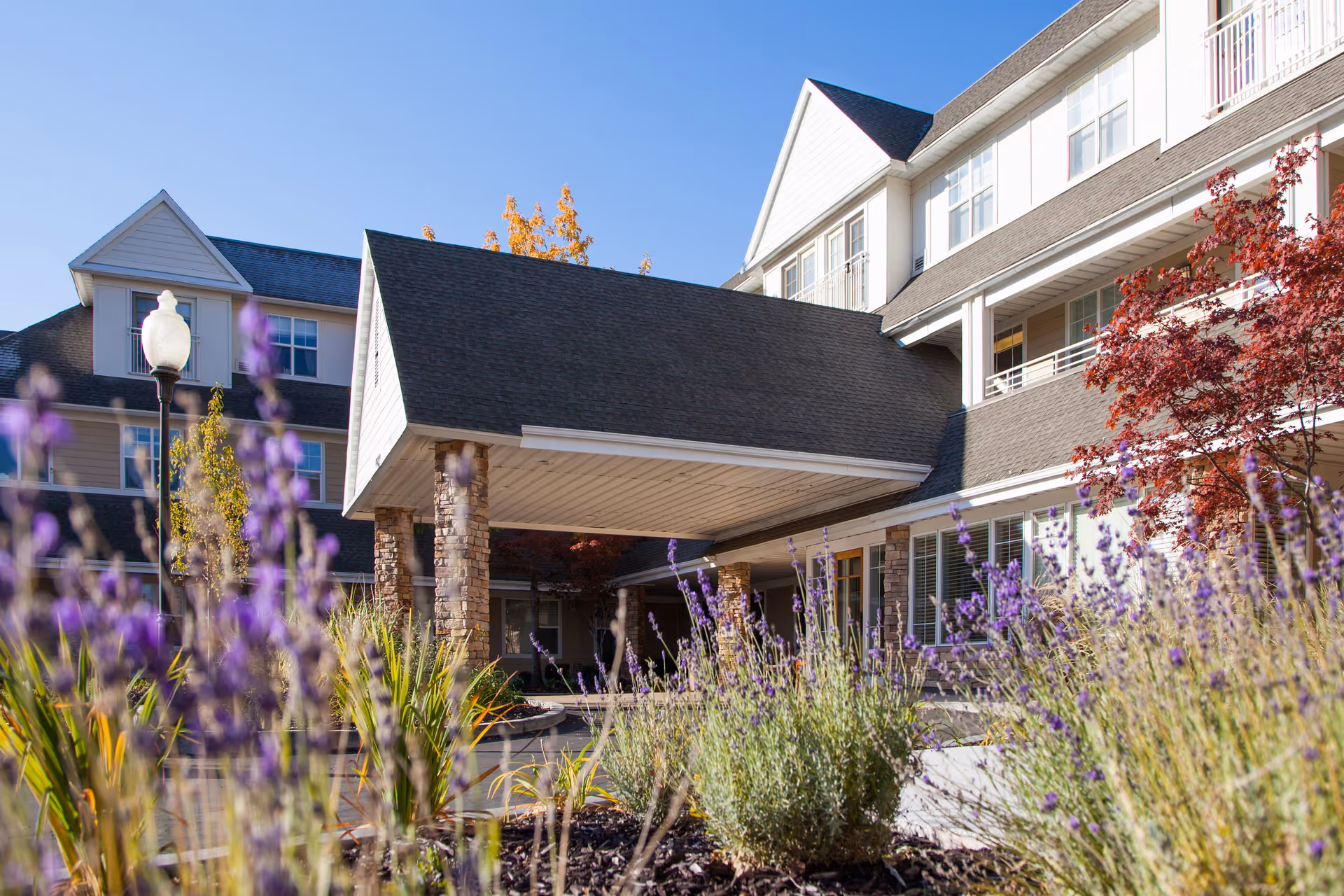 Exterior view of The Wellington senior living facility showing the entrance with a covered drop-off area supported by stone pillars, surrounded by landscaping with purple flowers and trees with autumn foliage.