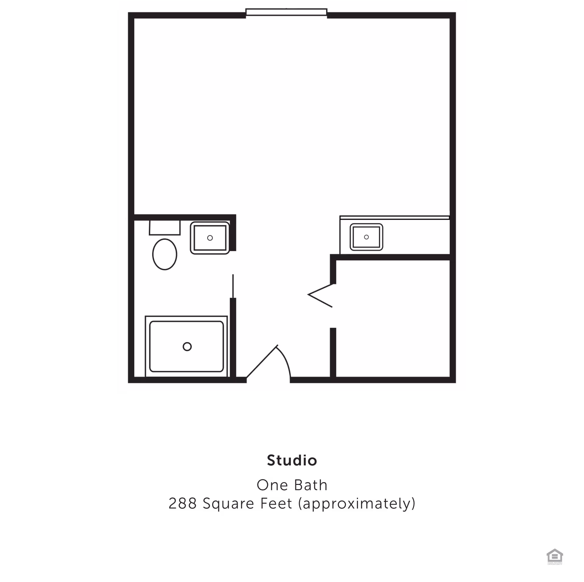 Floor plan of a studio apartment with one bathroom, approximately 288 square feet. The layout includes a bathroom with a toilet, sink, and bathtub, and a small kitchen area with a sink.