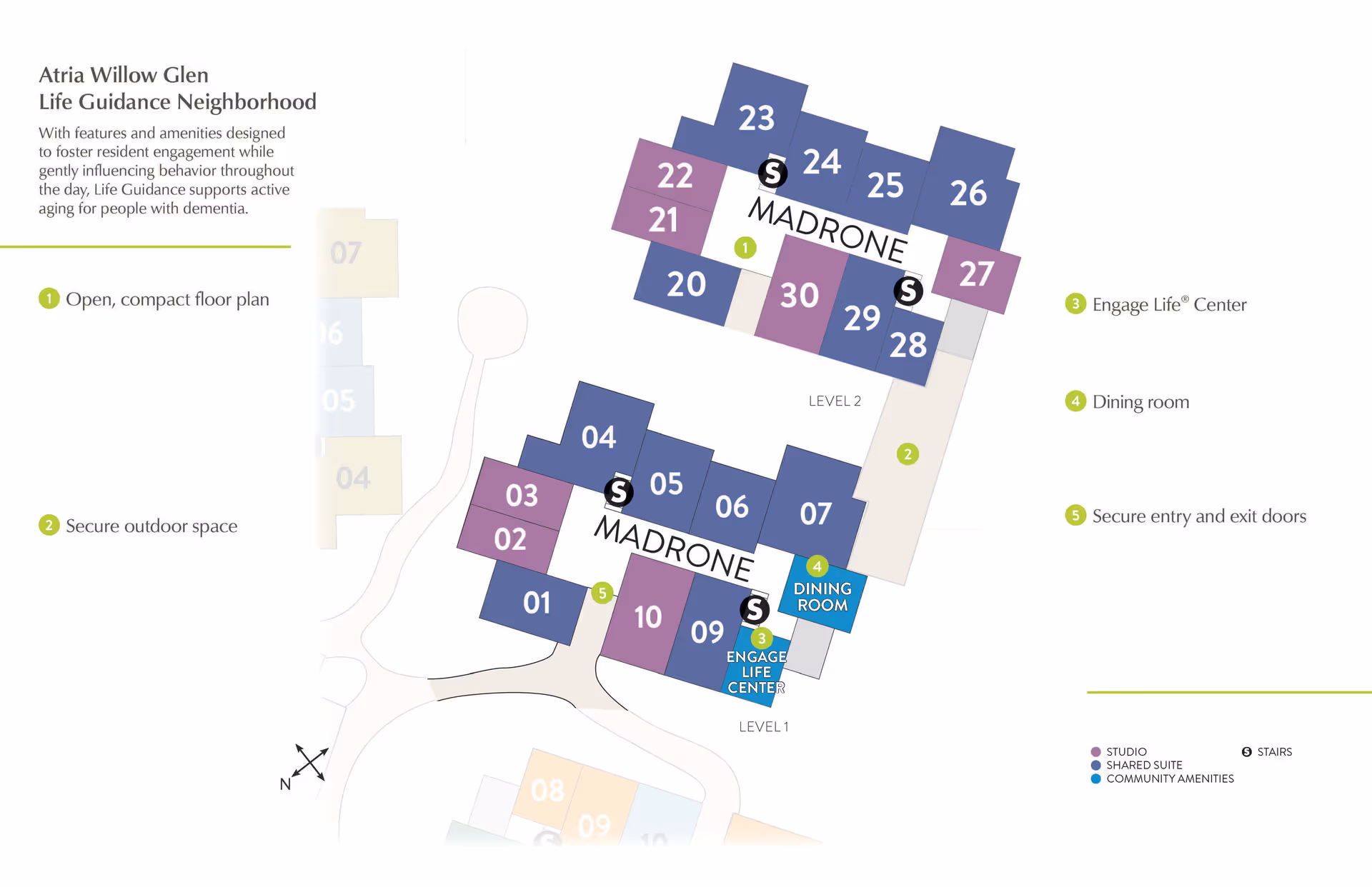 Floor plan of Atria Willow Glen Life Guidance Neighborhood showing two levels labeled MADRONE with numbered studio and shared suite rooms, community amenities including Engage Life Center and Dining Room, and icons indicating stairs, secure outdoor space, and secure entry and exit doors.