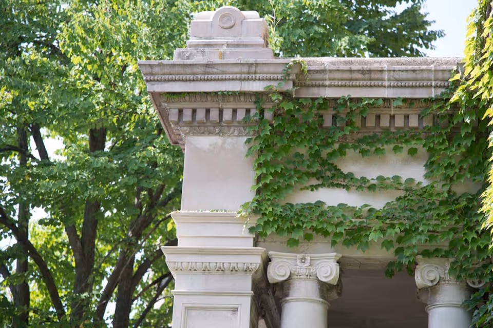 Close-up view of a classical architectural structure with ornate columns and decorative molding partially covered by green ivy, with leafy trees in the background.