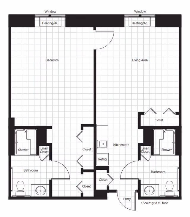Architectural floor plan of a senior living unit at Belmont Village Senior Living Encino showing a bedroom, living area, kitchenette with refrigerator, two bathrooms each with a shower, linen closets, multiple closets, and entry. The scale grid represents 1 foot per square.