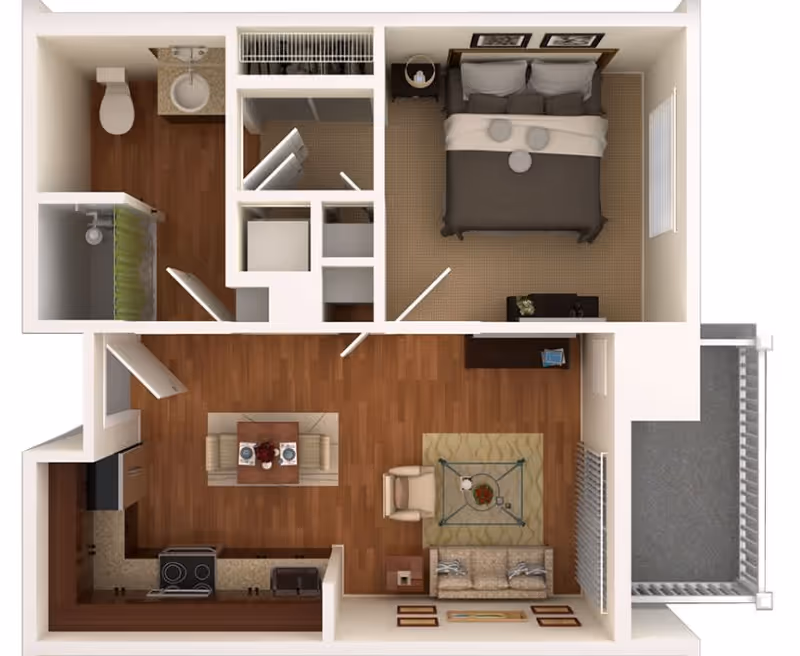 3D floor plan of a one-bedroom apartment featuring a bedroom with a double bed and nightstand, a bathroom with a shower, toilet, and sink, a kitchen with stove and sink, a dining area with a table and chairs, a living room with a sofa, armchair, and coffee table, and a balcony.