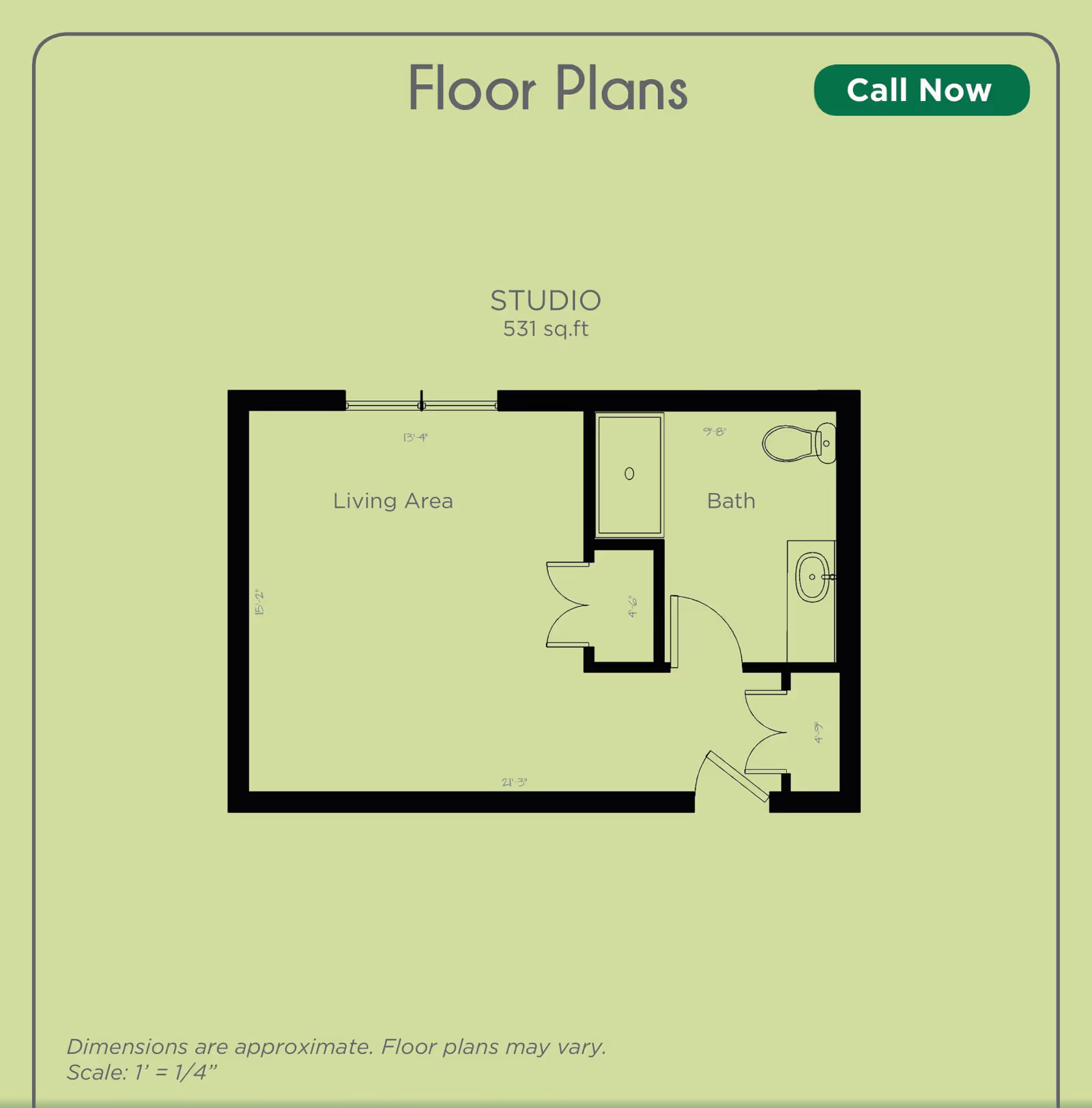 Floor plan of a studio apartment with a total area of 531 square feet. The layout includes a living area measuring approximately 13 feet 4 inches by 15 feet 2 inches, and a bathroom with a bathtub, toilet, and sink. The entrance leads into a small hallway with a closet.