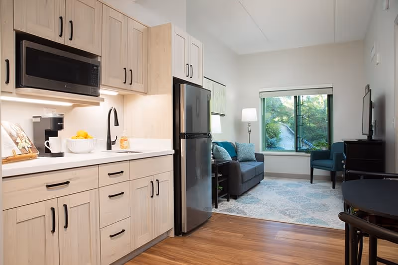 A modern kitchen area with light wood cabinets, a black microwave, a coffee maker, a bowl of lemons, and a black faucet. The kitchen opens into a living room with a gray sofa, blue cushions, a floor lamp, a window with a view of greenery, and a blue armchair. The floor is wood, and there is a patterned area rug in the living room.