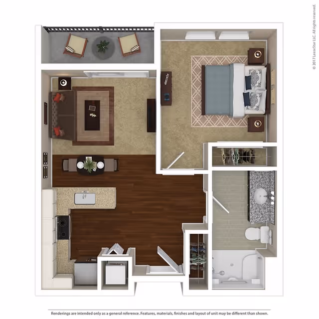 Top-down view of a one-bedroom apartment floor plan featuring a bedroom with a bed and nightstands, a bathroom with a bathtub, toilet, and sink, a kitchen with appliances and a countertop, a dining area with a table and chairs, a living room with a sofa and coffee table, and a balcony with two chairs and a small table.