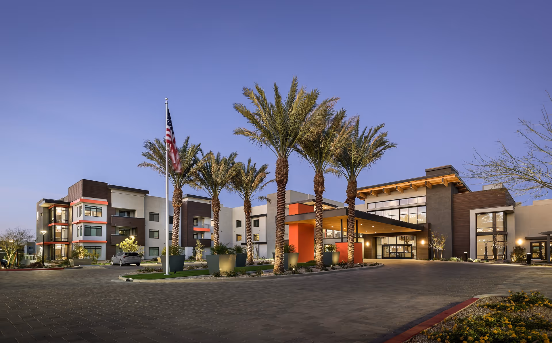 Exterior view of Clearwater Mayo Blvd senior living facility at dusk, featuring a modern three-story building with large windows, palm trees lining the driveway, an American flag on a flagpole, and well-maintained landscaping.