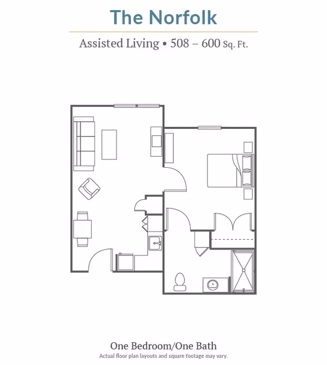 Floor plan layout of The Norfolk assisted living unit at Carriage Inn Katy, featuring one bedroom, one bathroom, a living area with sofa and chair, a dining table, and a kitchen area. The total area is between 508 and 600 square feet.