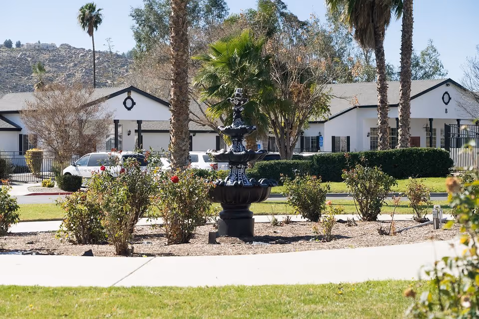 Outdoor garden area with a black tiered fountain surrounded by rose bushes and palm trees, with single-story white buildings and hills in the background under a clear sky.