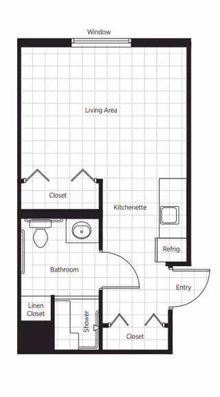 Architectural floor plan of a senior living unit at Belmont Village Senior Living San Jose, showing a living area with a window, kitchenette with refrigerator, entry, bathroom with shower, toilet, and sink, linen closet, and two additional closets.
