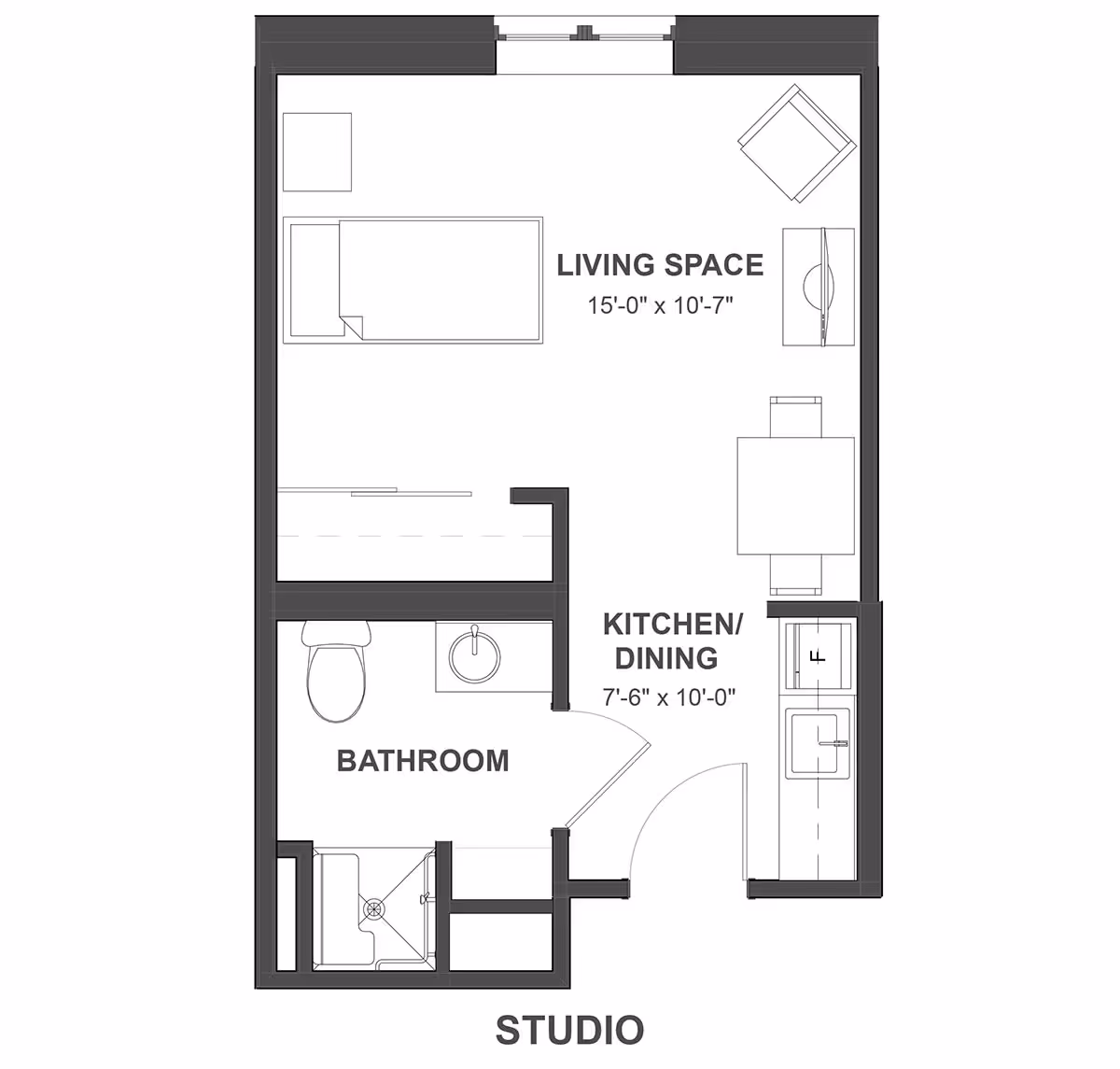 Architectural floor plan of a studio apartment at Montclare Supportive Living Community showing a living space with a bed, chair, and table, a kitchen/dining area with a sink and refrigerator, and a bathroom with a toilet, sink, and shower.
