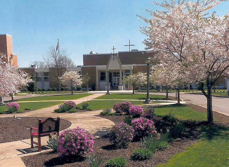 Outdoor view of Mercy Center Skilled Nursing & Personal Care facility with a garden area featuring blooming pink flowers, cherry blossom trees, a wooden bench, and a paved walkway leading to the building entrance under a clear blue sky.