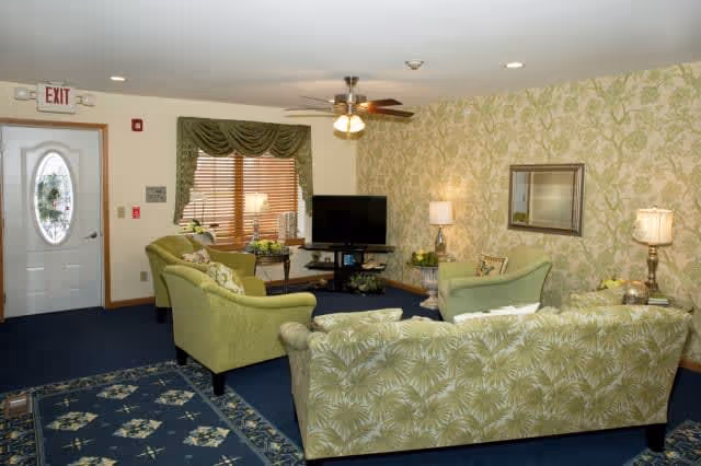 A cozy living room with green patterned sofas and armchairs arranged around a television on a stand. The room has a blue carpet with a patterned rug, a ceiling fan with lights, a window with wooden blinds and green valance, and wallpaper with a leafy design. There are two table lamps and a mirror on the wall.