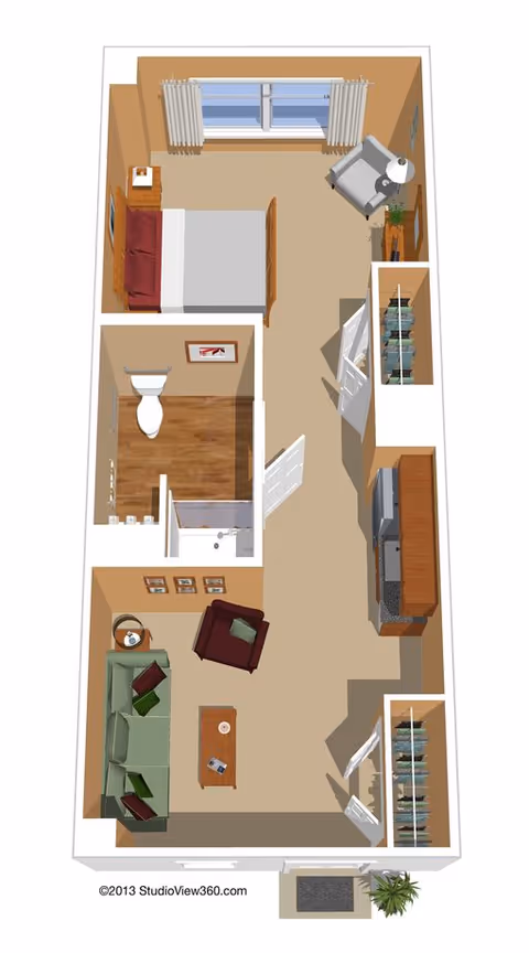 3D floor plan of a small apartment unit showing a living room with a green sofa, coffee table, and armchair, a kitchen area with cabinets and appliances, a bathroom with a toilet and shower, and a bedroom with a bed and nightstand. There are windows with curtains and some decorative elements like plants and pictures on the walls.