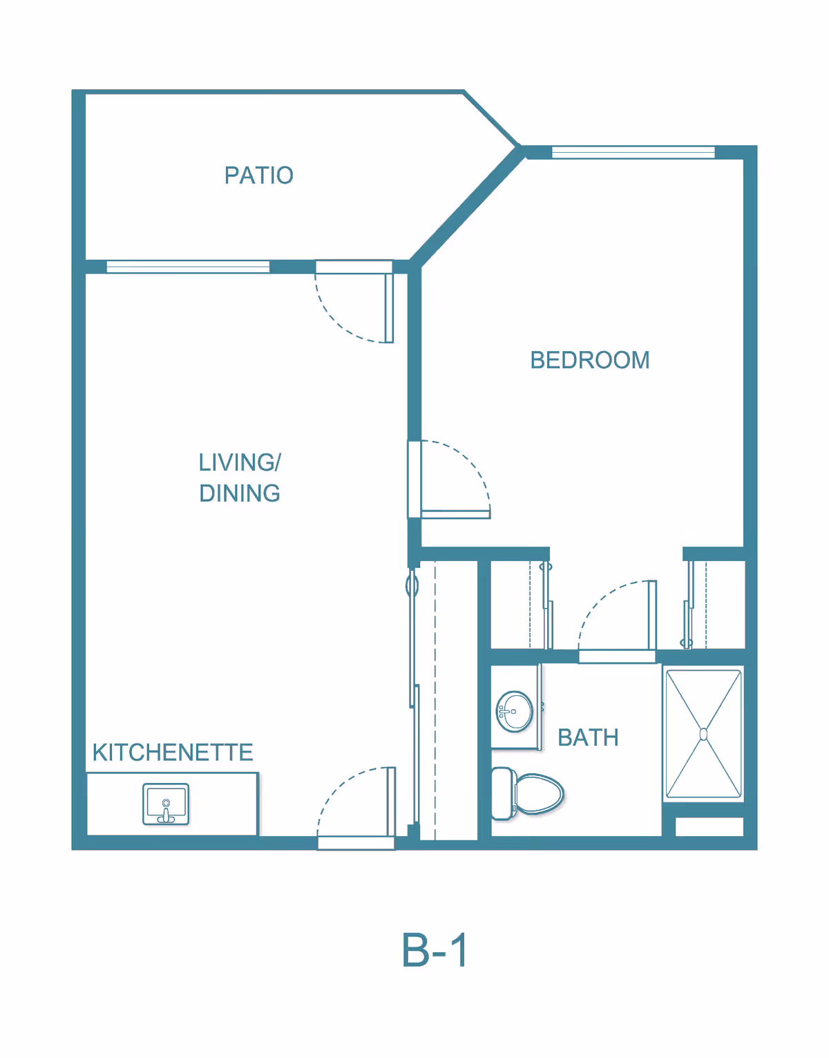 Floor plan labeled B-1 showing a layout with a patio, living/dining area, kitchenette, bedroom, and bathroom.