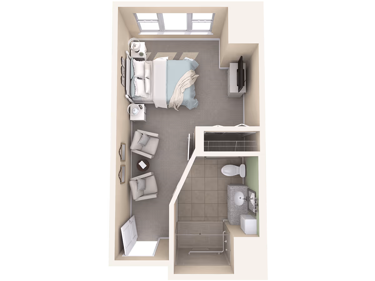 3D floor plan of a small apartment unit featuring a bedroom area with a bed, two armchairs, a TV on a stand, and a bathroom with a shower, toilet, and sink.