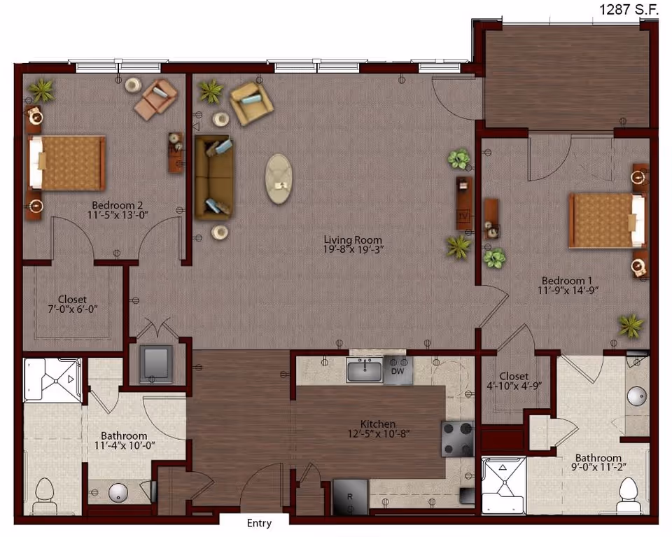 Floor plan of a two-bedroom apartment at Harmony at Harts Run showing two bedrooms, two bathrooms, a living room, a kitchen, closets, and an entry area. The living room is centrally located with furniture, and the kitchen includes appliances such as a stove, sink, and dishwasher. The layout includes dimensions for each room and a balcony area adjacent to Bedroom 1.