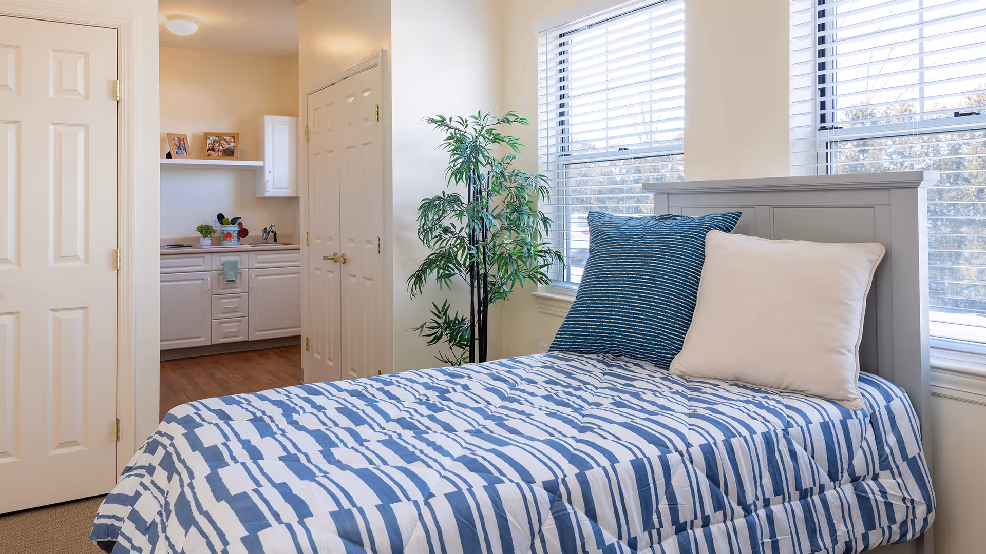 A bright bedroom with a single bed covered in a blue and white patterned comforter and two pillows, one blue and one white. There are two large windows with blinds letting in natural light. A green potted plant is placed near the windows. In the background, there is a doorway leading to a kitchenette area with white cabinets and a countertop.