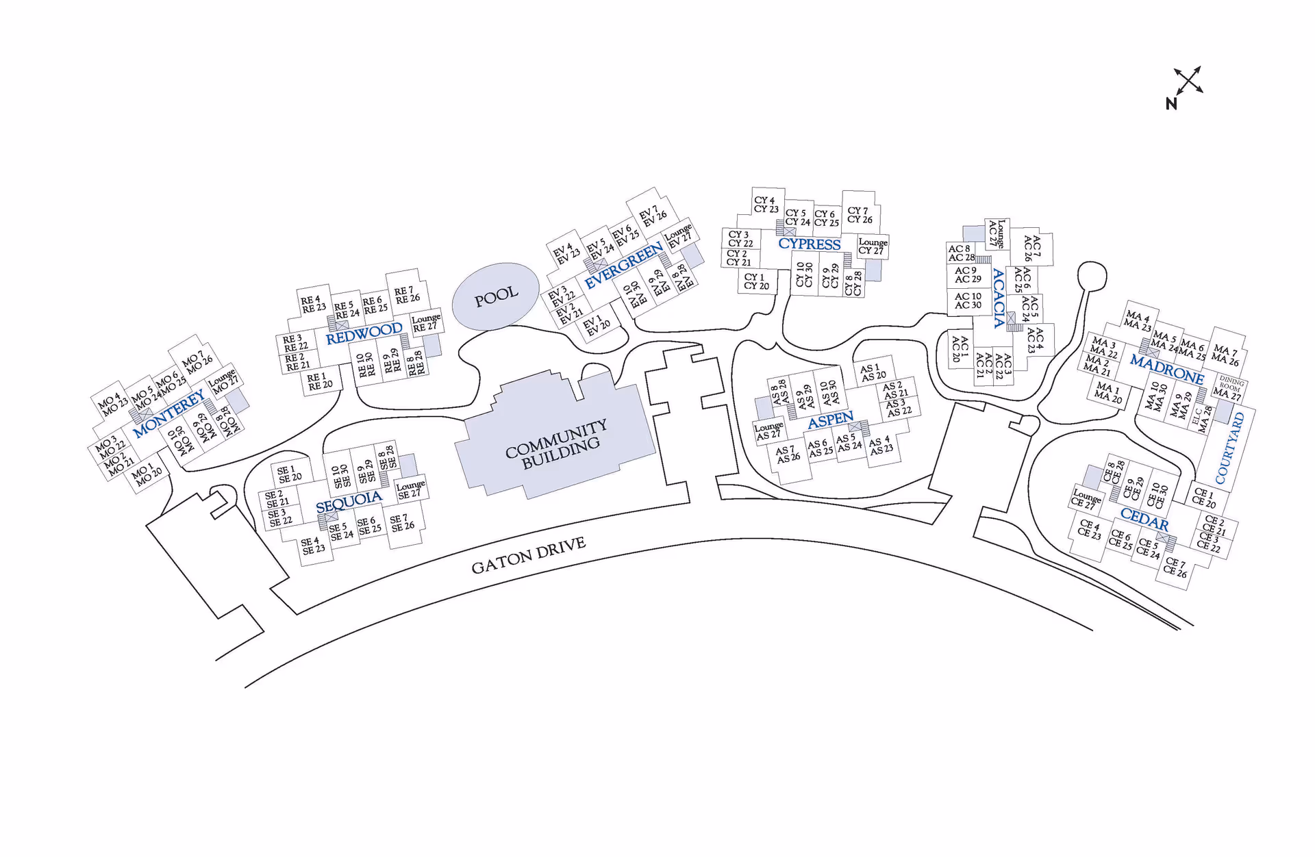 Architectural floor plan of Atria Willow Glen senior living facility showing labeled buildings and units including Monterey, Redwood, Sequoia, Evergreen, Cypress, Aspen, Acacia, Madrone, Cedar, and Courtyard, with a community building and pool in the center along Gaton Drive.
