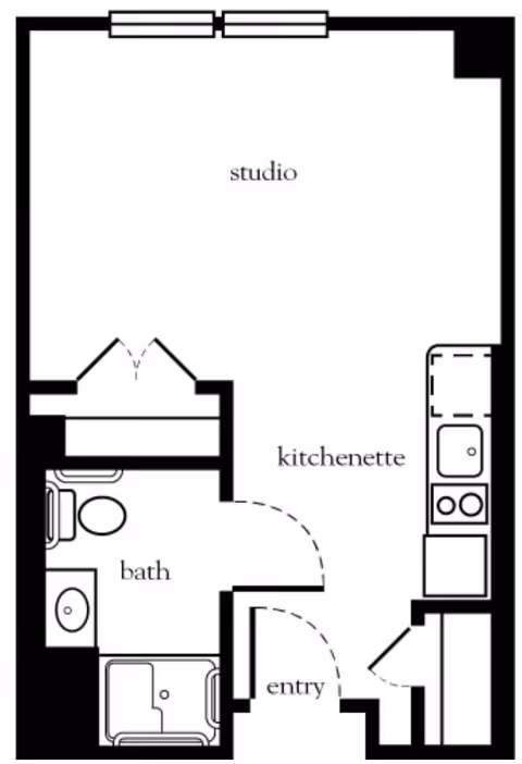 Floor plan of a studio apartment featuring a kitchenette, a bathroom with a toilet, sink, and shower, and an entry area.