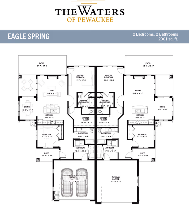 Architectural floor plan of Eagle Spring unit at The Waters of Pewaukee showing a layout with 2 bedrooms, 2 bathrooms, living room, kitchen, dining area, mudroom, master closets, patios, and a two-car garage.