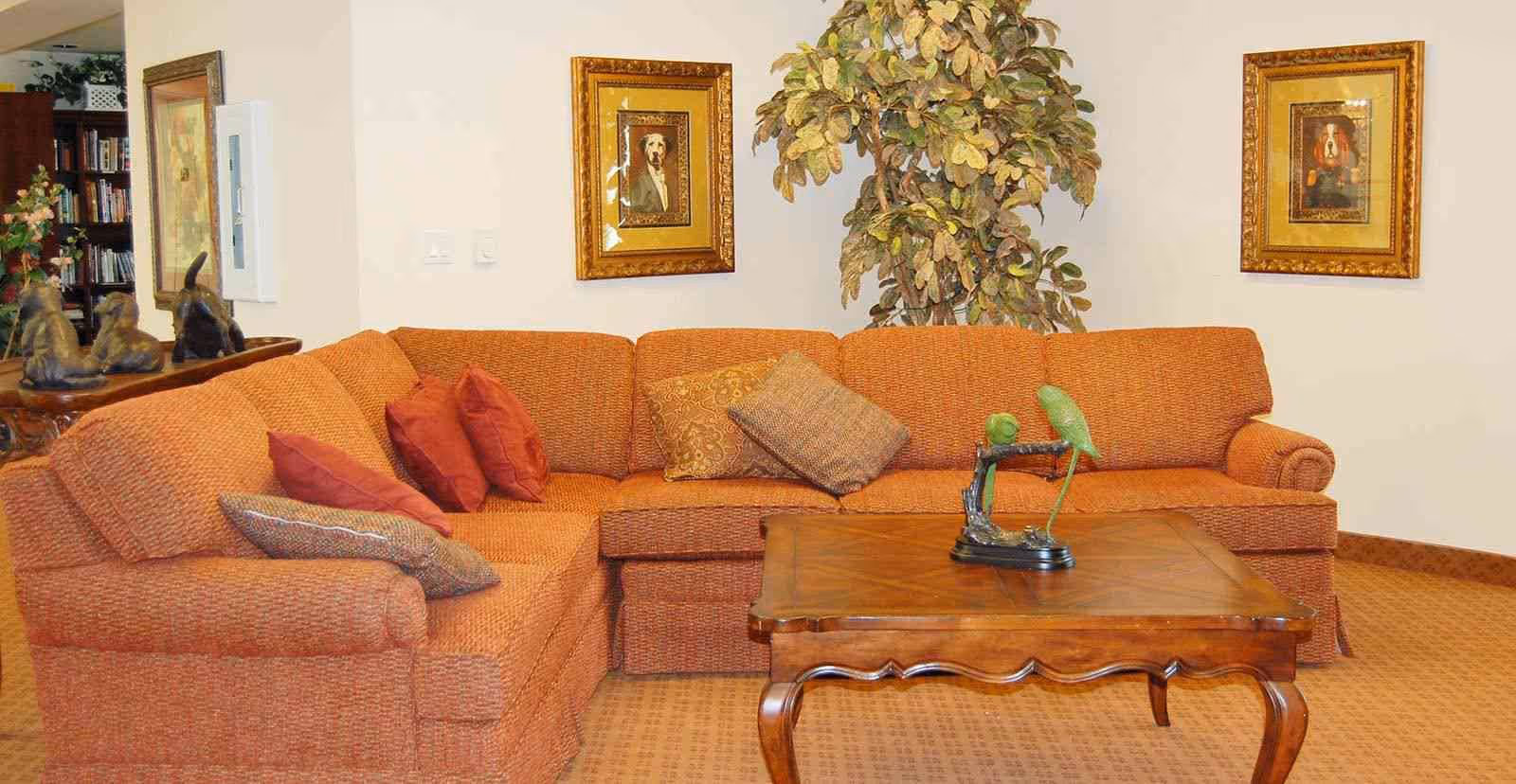 A cozy living room area with an orange sectional sofa adorned with multiple throw pillows. In front of the sofa is a wooden coffee table with a decorative sculpture of two green birds perched on a branch. The walls are decorated with framed pictures of dogs, and there is a large leafy plant in the corner. A bookshelf filled with books is partially visible in the background.