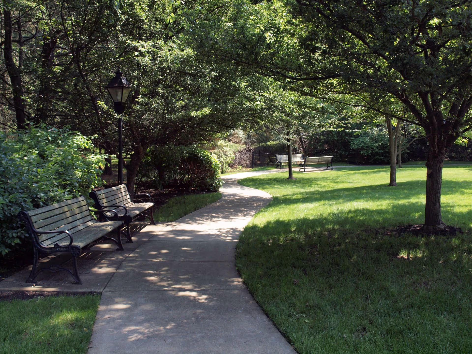 A peaceful outdoor garden area with a curved concrete pathway, green grass, several trees providing shade, and wooden benches with metal armrests along the path.