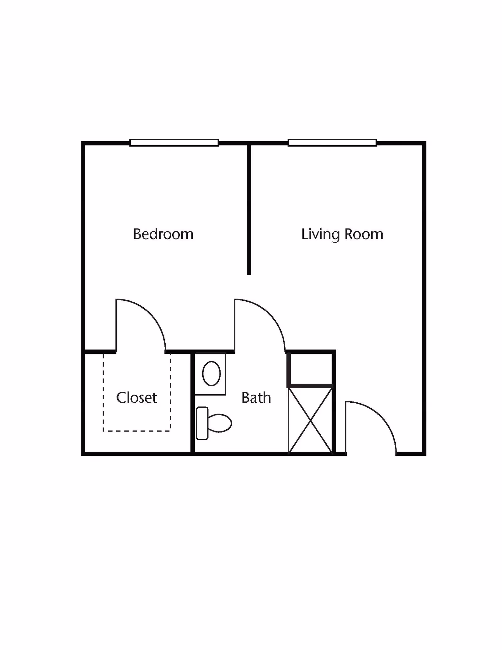 A simple black and white floor plan showing a layout with a bedroom, living room, closet, and bathroom. The bedroom and living room are adjacent, with the closet connected to the bedroom and the bathroom situated between the closet and living room.