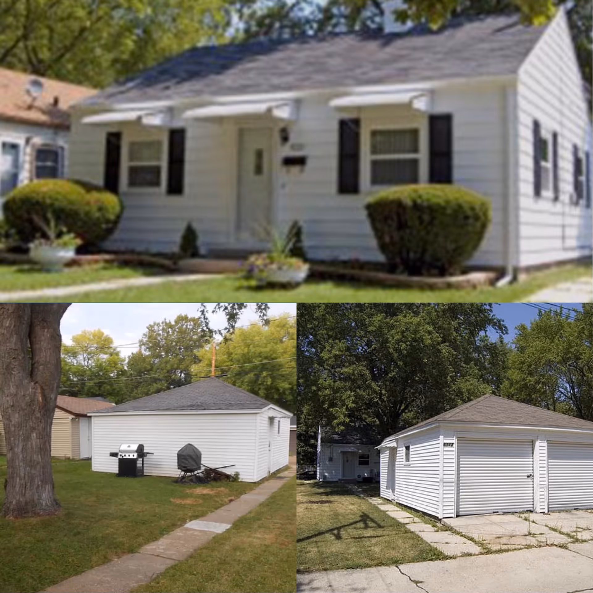 Collage of three images showing the exterior of a white single-story house with black shutters and a small front porch, a detached white garage with a grill and covered items beside it, and another view of the detached garage with a driveway and trees in the background.