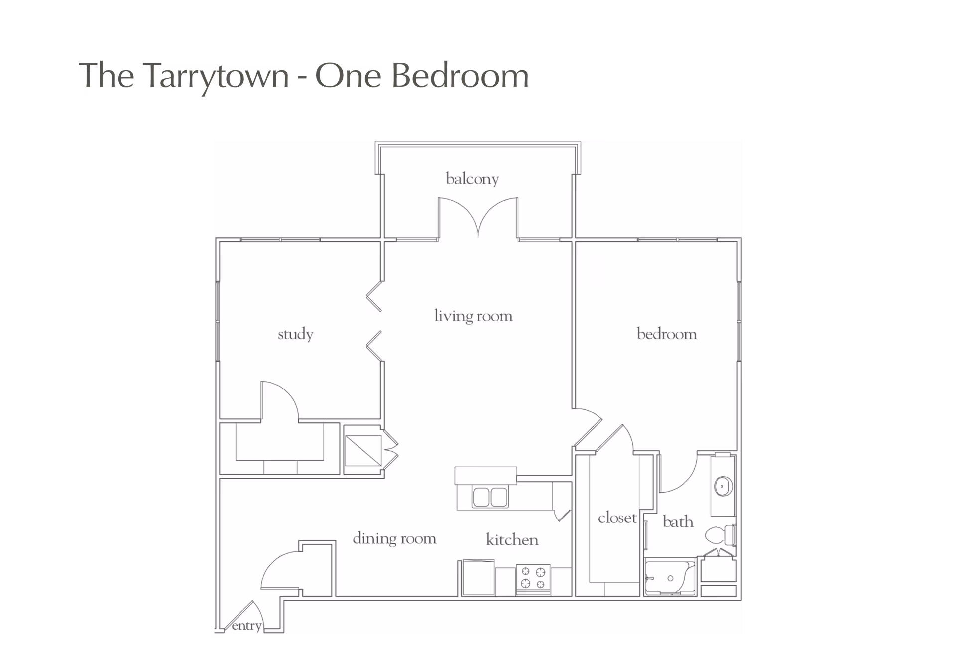 Floor plan layout of The Tarrytown one-bedroom apartment at Atria at the Arboretum, showing a balcony, living room, bedroom, study, dining room, kitchen, closet, bathroom, and entry area.
