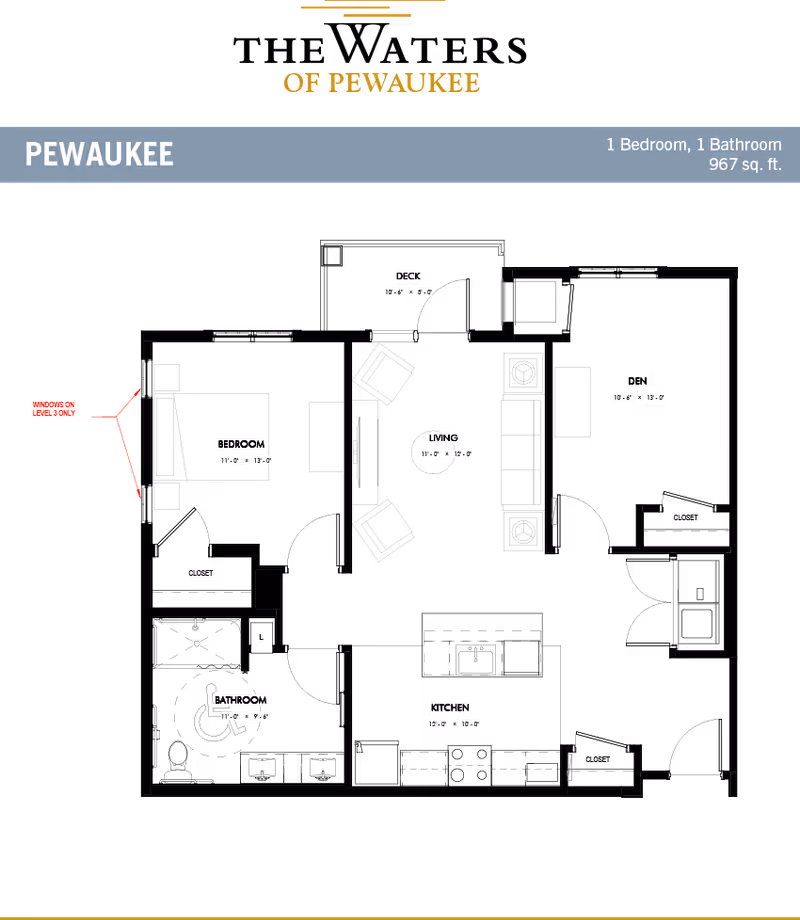 Floor plan layout of a 1 bedroom, 1 bathroom apartment at The Waters of Pewaukee, showing labeled areas including bedroom, bathroom, kitchen, living room, den, closets, and a deck.