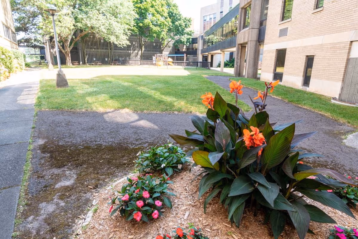 Outdoor garden area at RRH Unity Living Center featuring a flower bed with orange and pink flowers in the foreground, a grassy lawn, paved walkways, and a multi-story building with large windows in the background under a sunny sky.