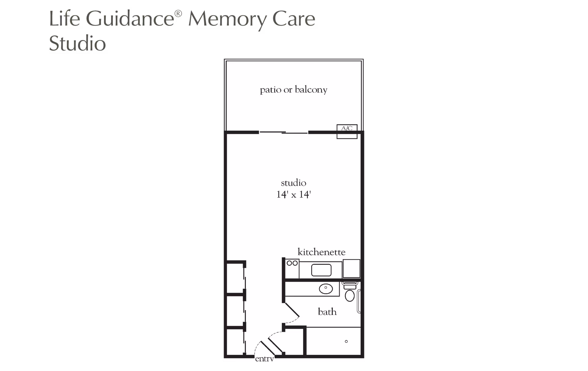 Floor plan of a Life Guidance Memory Care studio apartment at Atria Willow Glen, showing a 14 by 14 feet studio area, a kitchenette, a bathroom, an entry, and a patio or balcony.