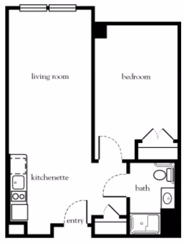 Floor plan of a one-bedroom apartment showing a living room, kitchenette, entry, bedroom, and bathroom with labeled areas.
