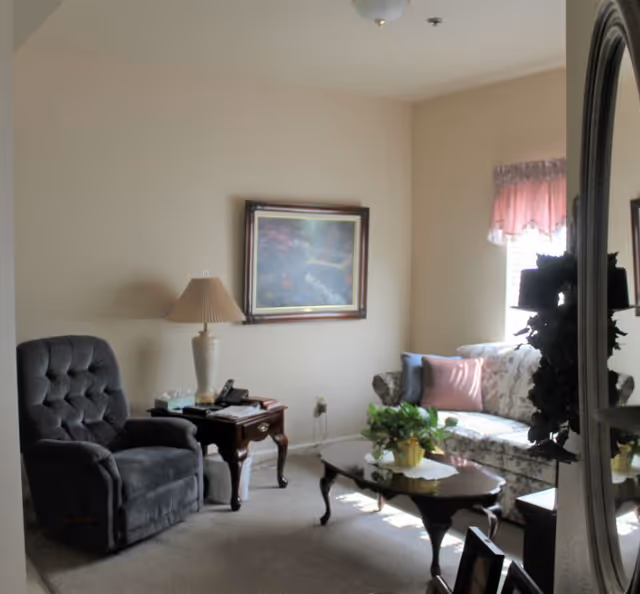 A cozy living room with a dark gray recliner chair, a wooden side table with a lamp and telephone, a floral patterned sofa with pink and blue cushions, a wooden coffee table with a potted plant, and a framed painting on the beige wall. A window with pink curtains allows natural light into the room.