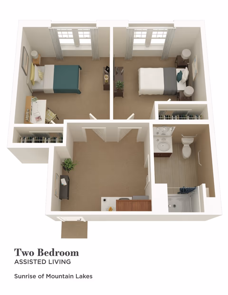 3D floor plan of a two-bedroom assisted living apartment at Sunrise of Mountain Lakes, showing two bedrooms each with a bed, nightstand, and window. The layout includes a shared living area, a bathroom with a shower, toilet, and sink, and closets in each bedroom.