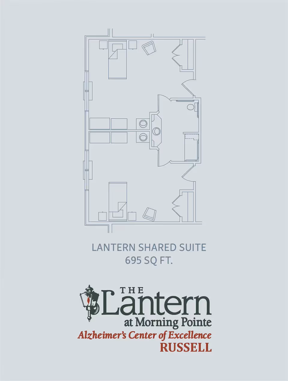 Architectural floor plan of a Lantern Shared Suite at Morning Pointe Alzheimer's Center of Excellence, Russell, showing a 695 square feet layout with two bedrooms, a shared bathroom, and common living space.