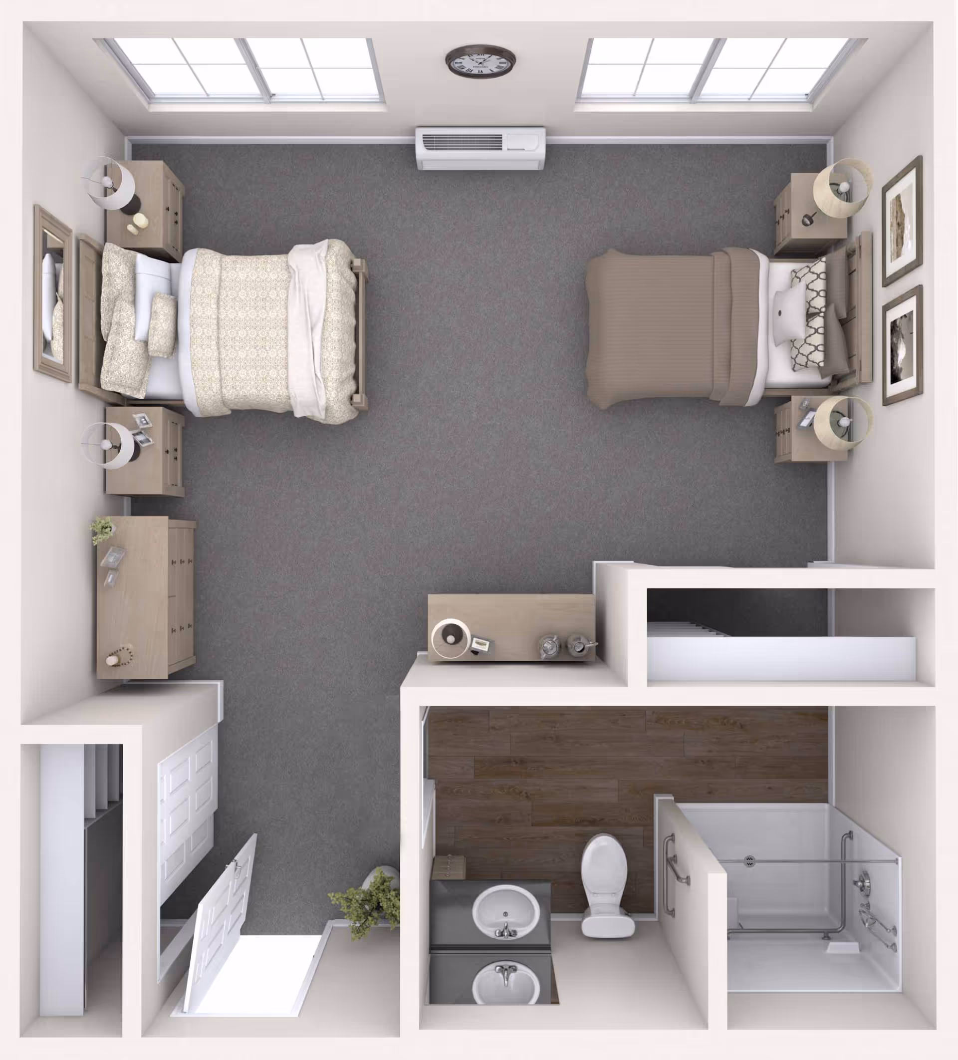 Top-down view of a room layout featuring two single beds with nightstands and lamps on either side, a dresser, a small table with decorative items, two windows, a wall clock, and an attached bathroom with a sink, toilet, and shower.