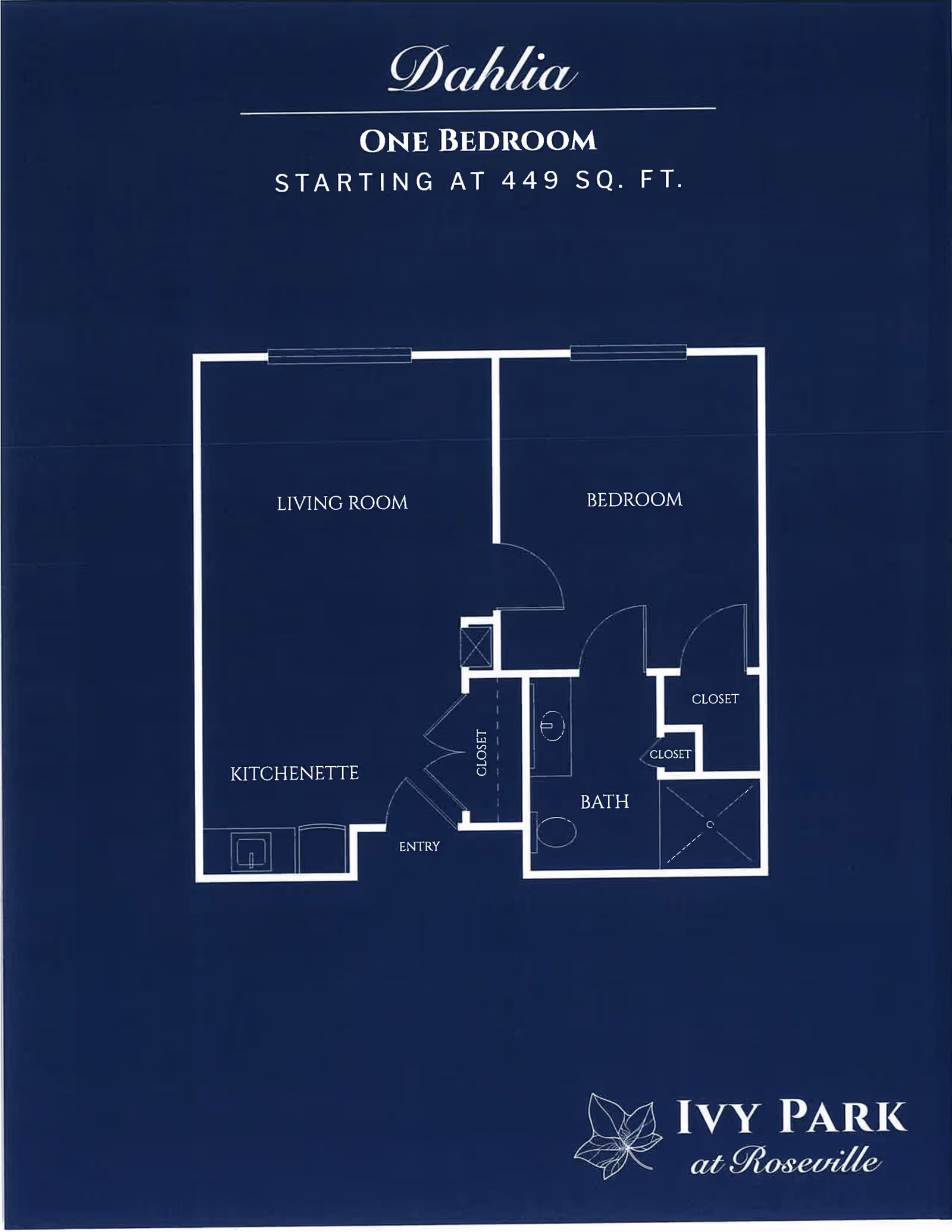 Floor plan for Dahlia one-bedroom apartment at Ivy Park at Roseville, showing a living room, bedroom, kitchenette, bathroom, entry, and closets, with a total area starting at 449 square feet.