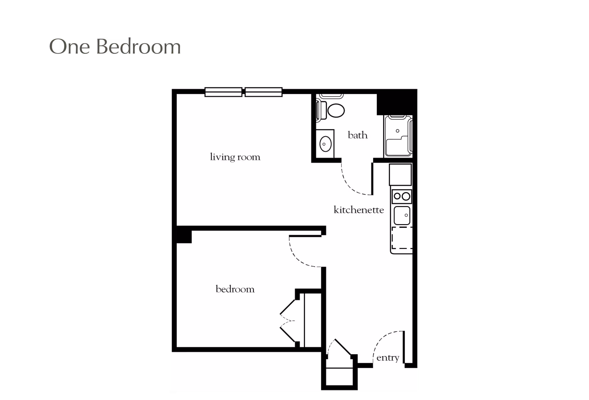 Floor plan of a one-bedroom apartment showing a living room, bedroom, bath, kitchenette, and entry area.