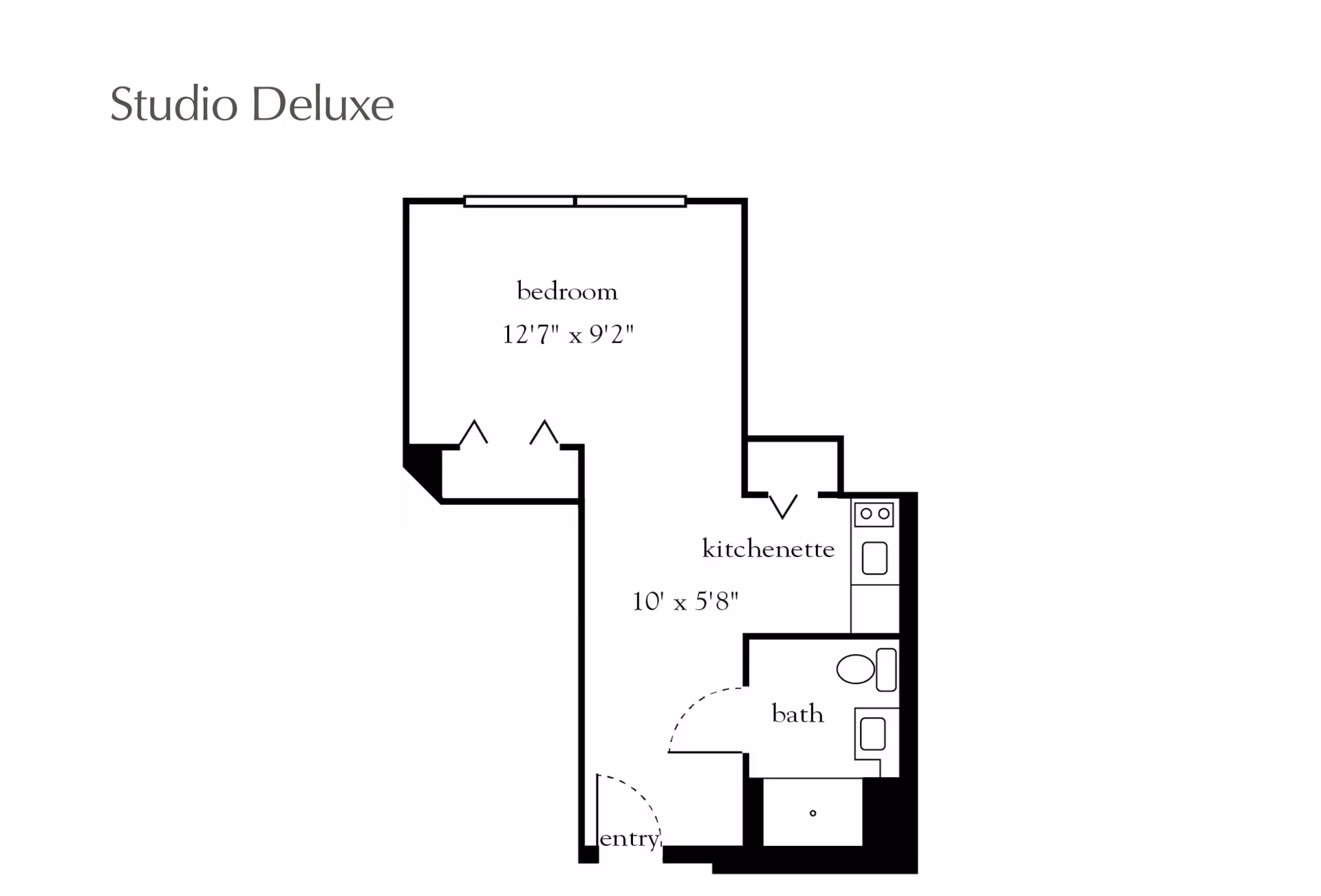 Floor plan of a Studio Deluxe apartment at Atria Marland Place showing a bedroom measuring 12'7" x 9'2", a kitchenette measuring 10' x 5'8", a bathroom, and an entry area.