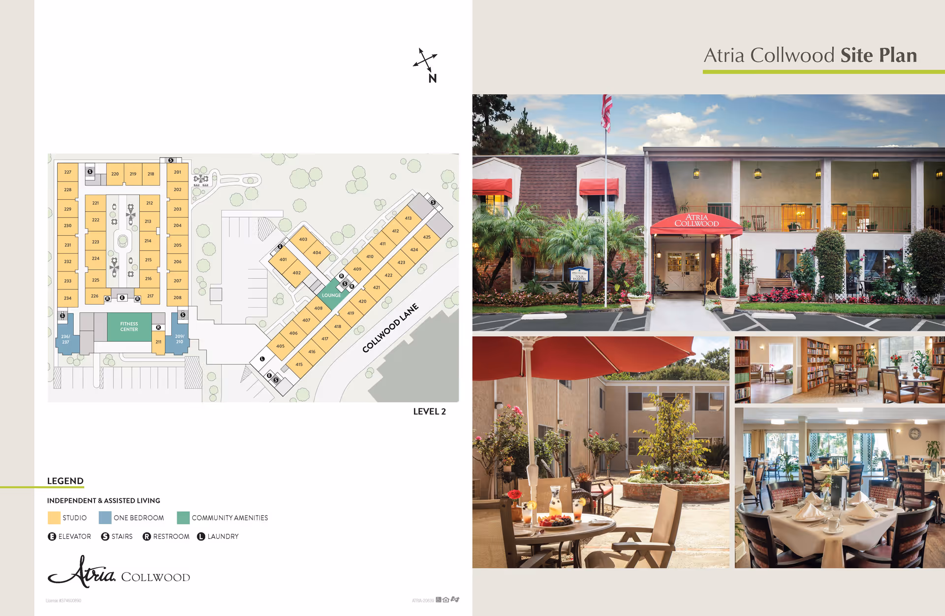 Atria Collwood site plan and facility images. The left side shows a detailed floor plan of level 2 with labeled rooms, elevators, stairs, restrooms, and community amenities. The right side features four photos: the front exterior of the building with a red awning, an outdoor patio area with tables and umbrellas, a library or reading room with bookshelves and seating, and a dining room set with tables, chairs, and place settings.