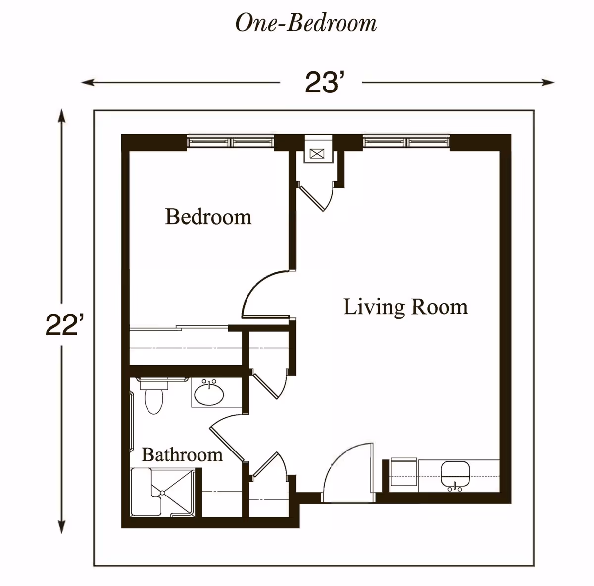 Floor plan of a one-bedroom apartment showing a bedroom, living room, and bathroom with dimensions 23 feet by 22 feet.