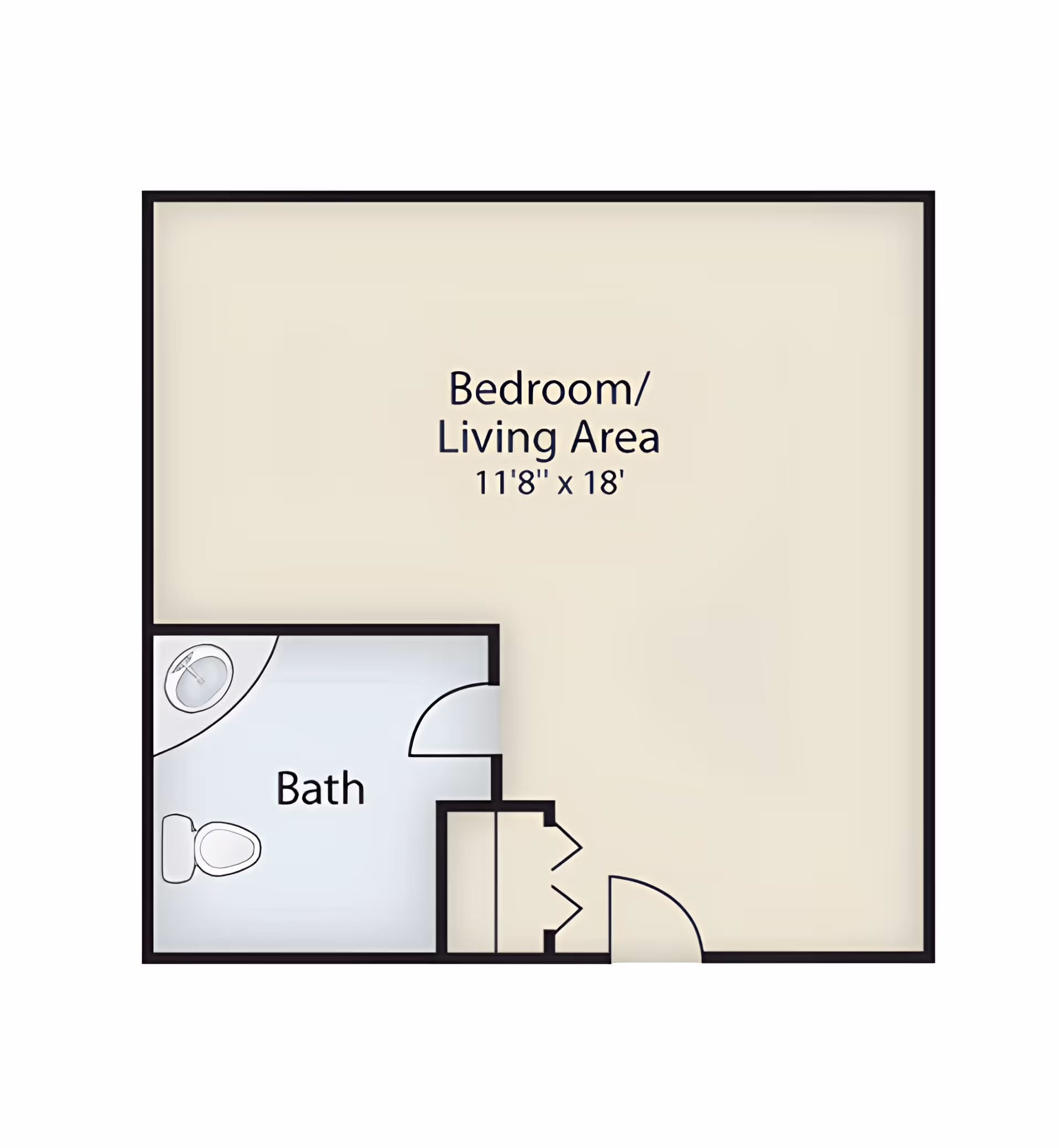 Floor plan showing a combined bedroom and living area measuring 11 feet 8 inches by 18 feet, with an adjacent bathroom containing a toilet and sink.