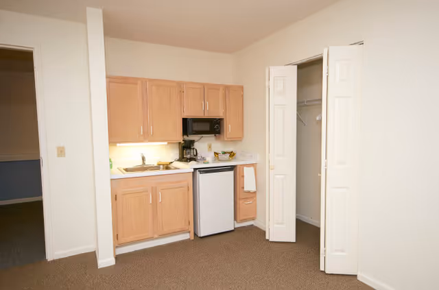 Small kitchenette area with light wood cabinets, a sink, a microwave, a coffee maker, and a mini refrigerator. To the right, there is an open closet with bi-fold doors. The walls are white and the floor is carpeted in a brown color.