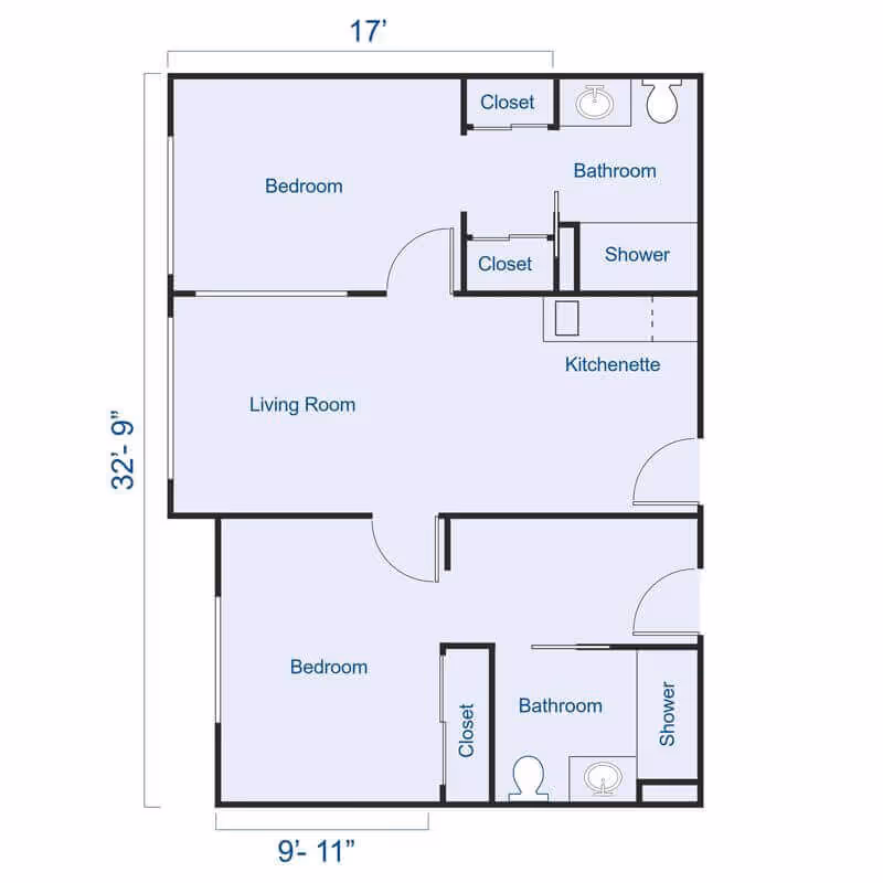 Architectural floor plan of a senior living apartment at Carlton Senior Living San Jose, showing two bedrooms, two bathrooms with showers, closets, a living room, and a kitchenette. Dimensions are marked as 17 feet by 32 feet 9 inches and 9 feet 11 inches.